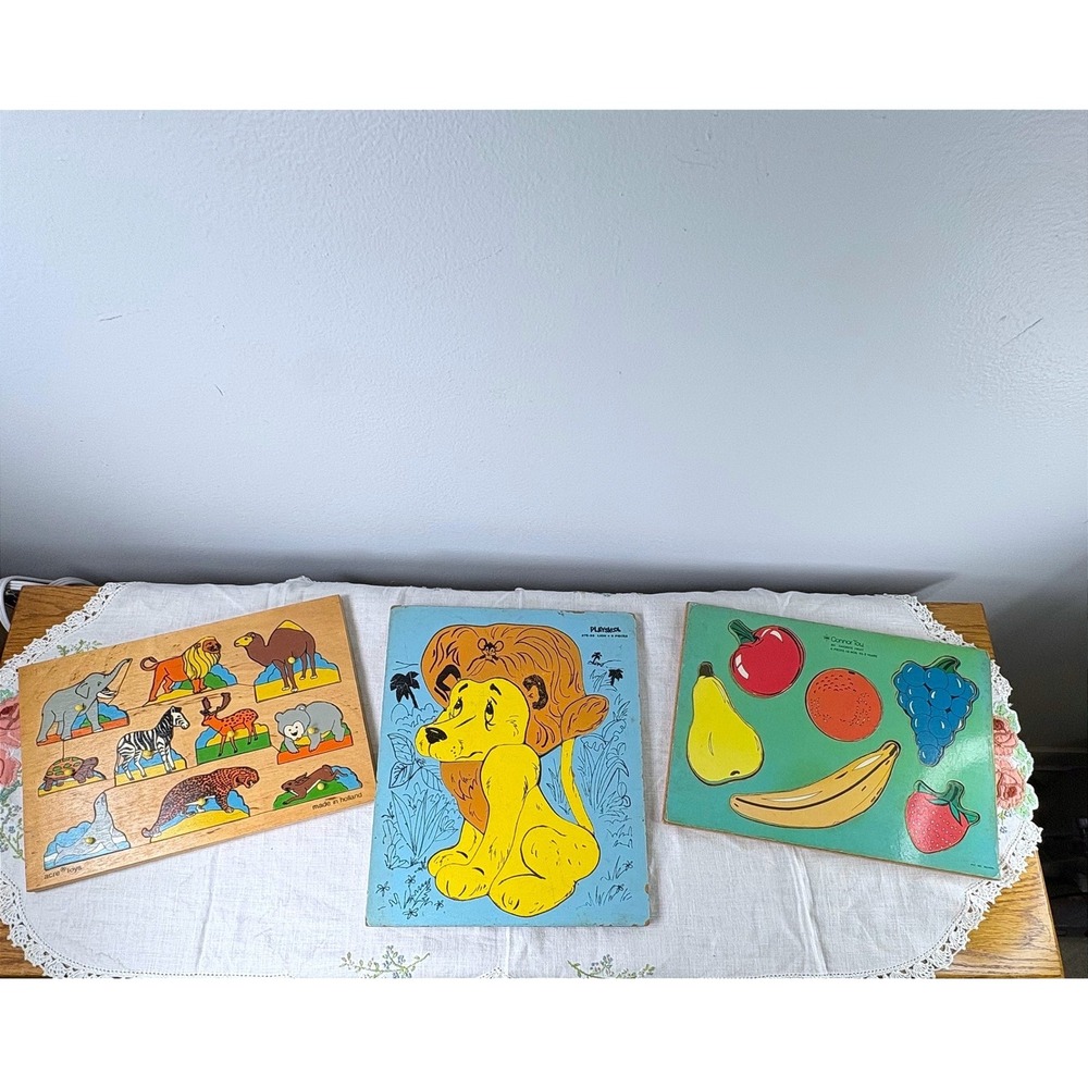 Vintage Playskool Connor Toy Acre Toys Wooden Puzzle Lot Lion Fruit Zoo Animals